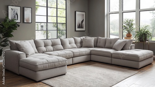 Cozy sectional sofa in a modern living room with large windows and greenery