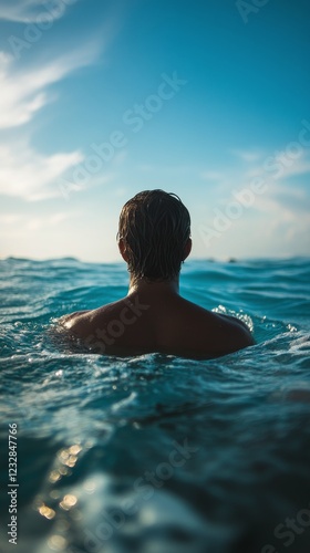 Calm swimmer enjoying the serene blue waters under a clear sky at midday