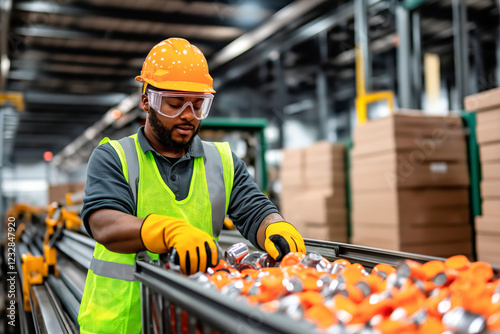 Worker sorting aluminum cans in a recycling plant
