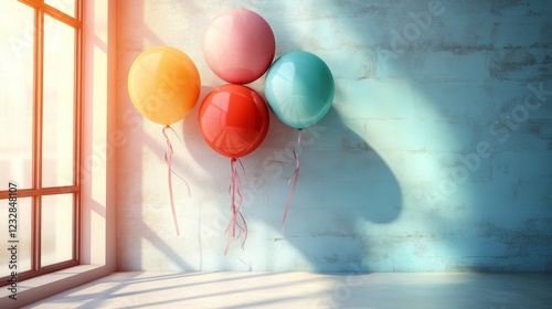 Colorful balloons in a bright, minimalistic interior setting during daylight ...