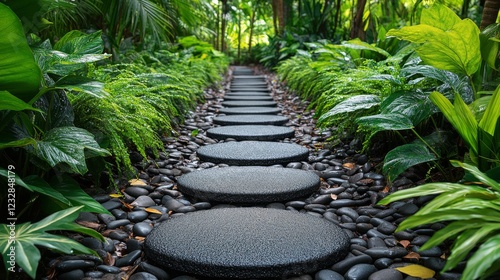 Serenity found in a lush garden path lined with vibrant greenery and smooth s...