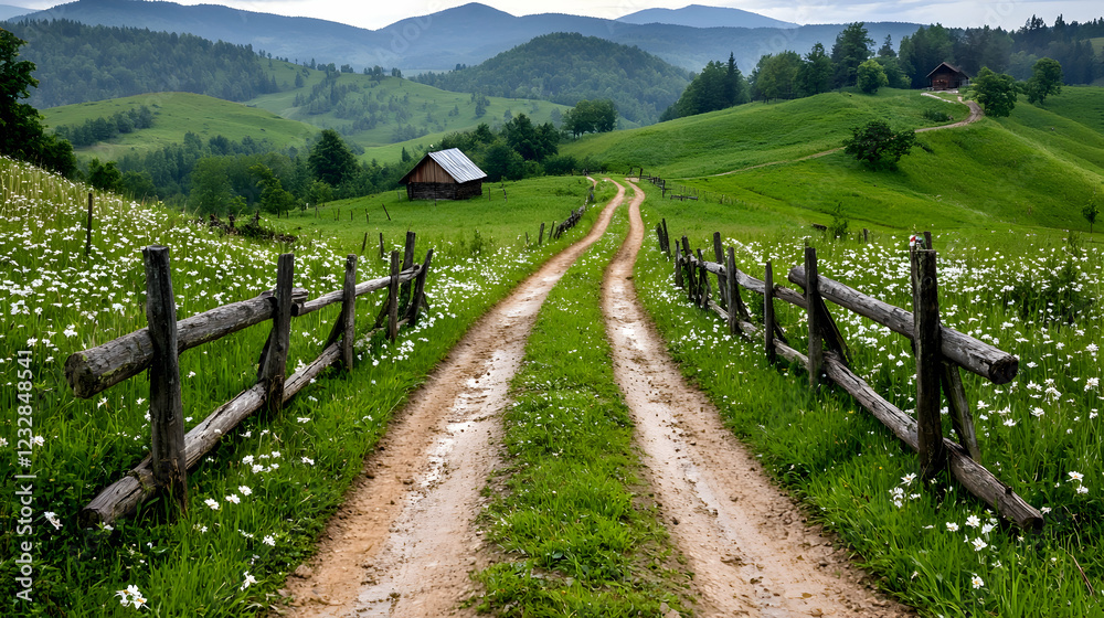 Rural road, green hills, wildflowers, houses, scenic view, travel postcard Rural road, green hills, wildflowers, houses, scenic view, travel postcard