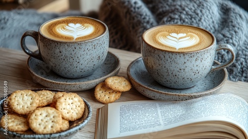 Warm coffee and cookies on a cozy table with a book and plant in the background