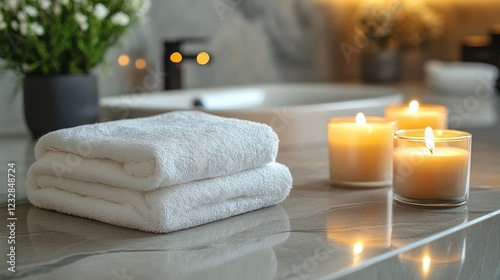 Soft white towels arranged on a marble table beside candles and green plants ...