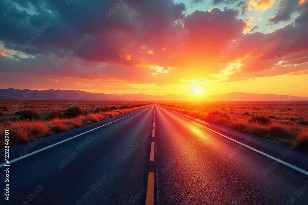 Fototapeta premium Sun-drenched highway stretches to distant horizon, vibrant sunset hues , background, motion