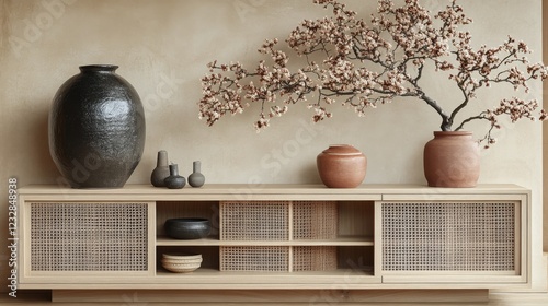Natural wood and ceramic decorative pieces arranged on sleek shelves in a mod...