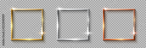 Gold, silver and bronze square frames. Metal thin photo or picture frames isolated on transparent background. 3d realistic empty template vector illustration set. Simple object mockup.