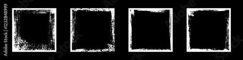 White frames with worn paper effect on black background. Textured squares with old, grunge, grainy, vintage, worn, dust effect. Simple object mockup. Realistic vector illustrations set.