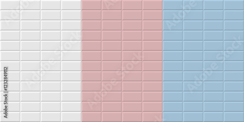 Subway tile background. White, blue and pink metro brick horizontal pattern for kitchen, bathroom or outdoor architecture. Glossy interior design tiled material. Realistic vector illustration.