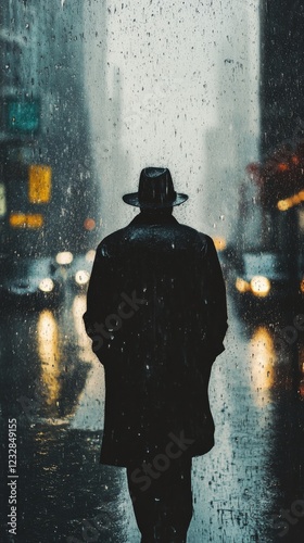 Mysterious figure walks alone on a rainy city street at night