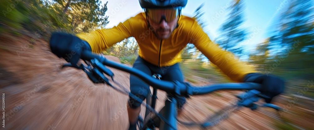 Obraz premium Cyclist speeds on mountain bike trail, pine forest background. Action shot, sports