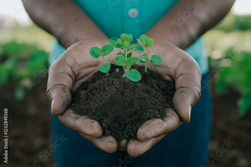 Hands holding soil with a small green plant growing