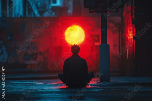 Rainy evening with person waiting at traffic light in urban setting