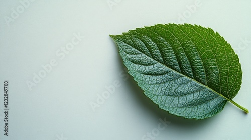 Dewy green leaf resting on a flat surface showcasing natural textures and col...