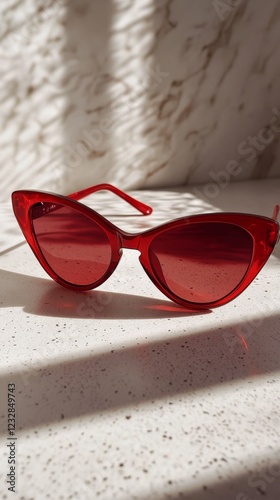 Stylish red cat-eye sunglasses resting on a speckled countertop with shadow p...
