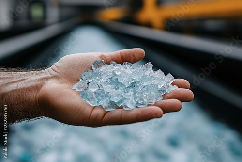 Hand holding recycled glass pieces in a processing plant