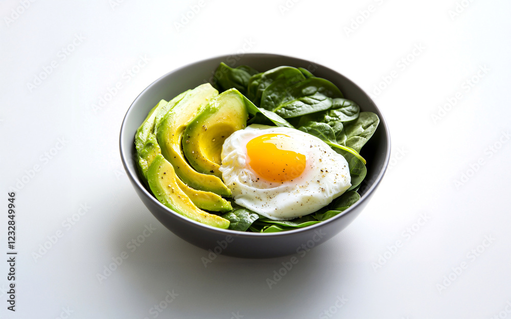 A simple composition of a salad bowl with vibrant greens, creamy avocado slices, and a sunny-side-up egg, set on a pale textured background. A simple composition of a salad bowl with vibrant greens, creamy avocado slices, and a sunny-side-up egg, set on a pale textured background.