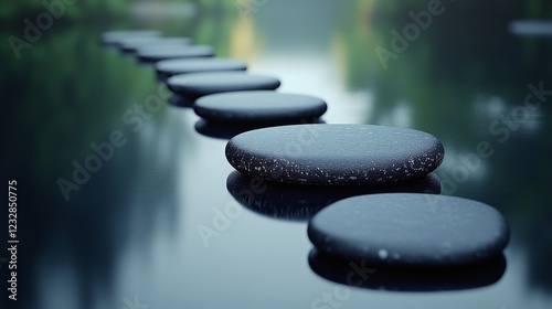 Stacked stones creating a peaceful arrangement on a smooth surface with greenery