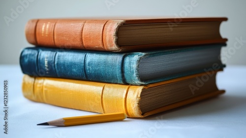 Stacked vintage books with a yellow pencil on a white background in an indoor...
