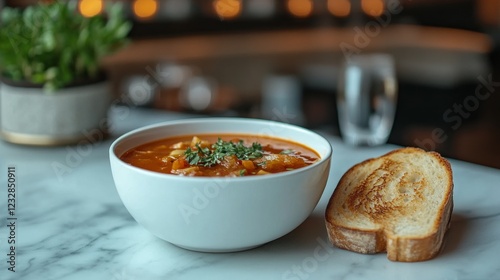 Homemade tomato soup served with fresh bread and basil on a sunny kitchen cou...