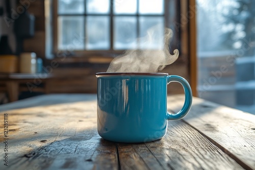 Warm cup of coffee with steam on a rustic wooden table in a cozy cafe atmosphere