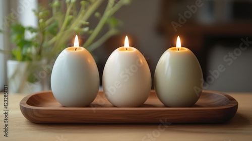 Elegant arrangement of decorative candles on a wooden tray with blossoms in t...