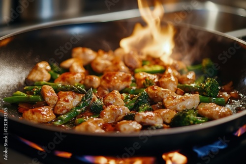 Cooking chicken stir fry with vegetables and flames in a kitchen
