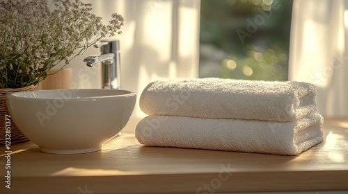 Relaxing bathroom setup with soft towels and natural light during the midday