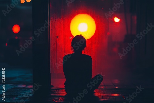 Rainy evening with person waiting at traffic light in urban setting