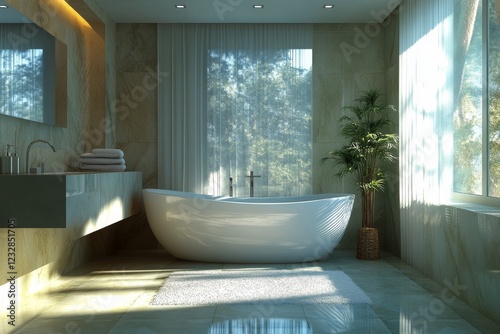 Modern bathroom design featuring a sleek freestanding tub and natural light
