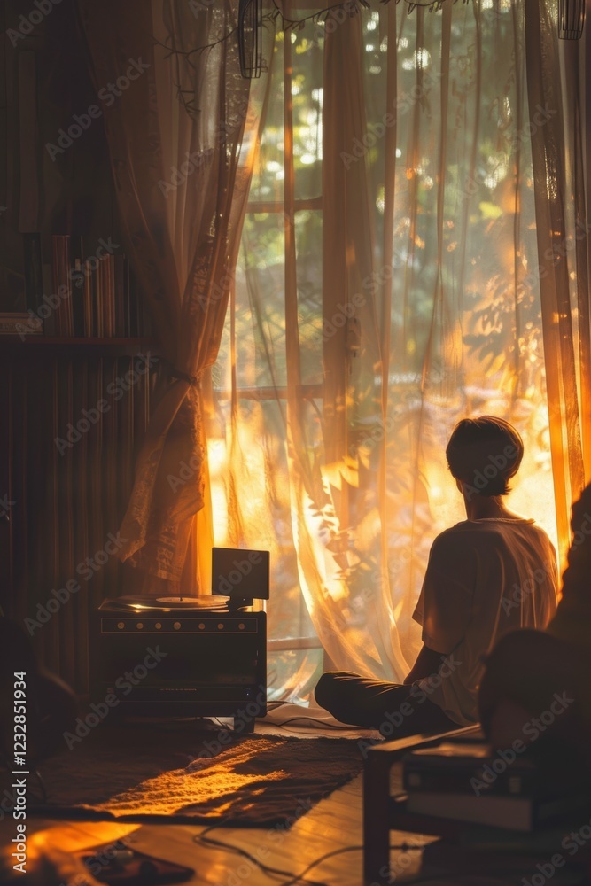 Fototapeta premium Nostalgic Vinyl Spin in Cozy Room with Ambient Lighting for Music Lovers