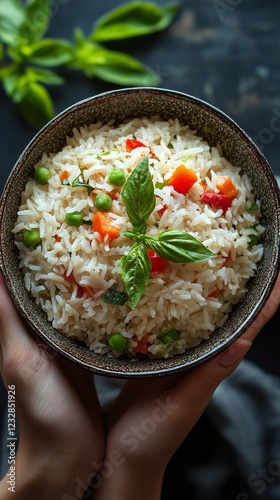 Colorful vegetable rice dish served in a bowl against a dark background
