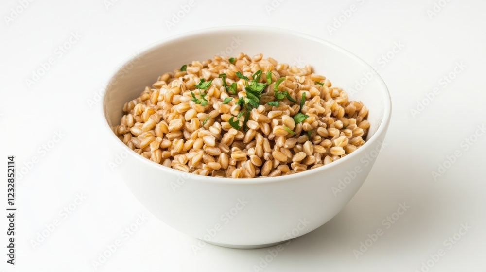 A simple bowl of plain cooked farro with a sprinkle of fresh herbs, served in a minimalist white ceramic bowl, Farro centered A simple bowl of plain cooked farro with a sprinkle of fresh herbs, served in a minimalist white ceramic bowl, Farro centered