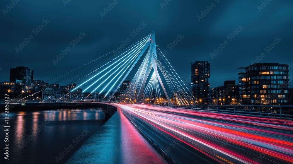 Night cityscape illuminated bridge traffic streaks Night cityscape illuminated bridge traffic streaks