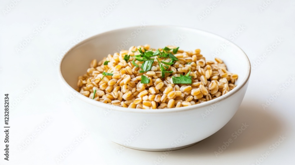 A simple bowl of plain cooked farro with a sprinkle of fresh herbs, served in a minimalist white ceramic bowl, Farro centered A simple bowl of plain cooked farro with a sprinkle of fresh herbs, served in a minimalist white ceramic bowl, Farro centered