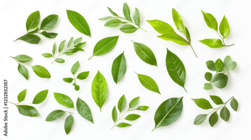 Naklejka premium Assorted Green Leaves Arranged on White Background