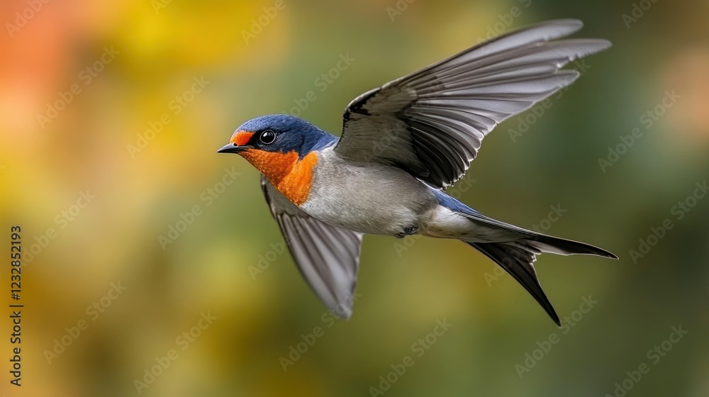 Fototapeta premium Red-rumped swallow in flight, blurred floral background, nature photography, website banner
