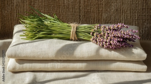 Fresh lavender bouquet placed on neatly folded linen towels for a tranquil ho...