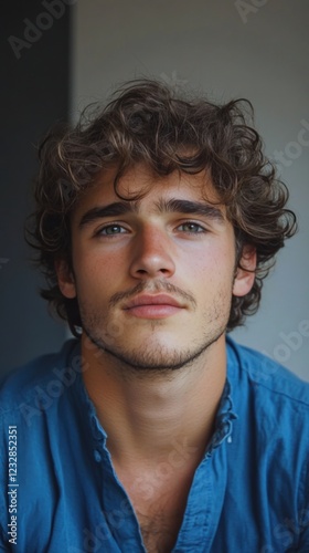 Young man with curly hair gazing thoughtfully out of a window during daylight