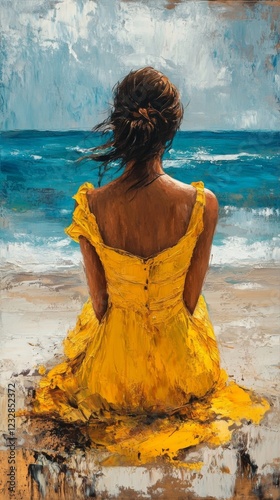 Bright yellow dress contrasts with ocean view and cloudy sky as woman gazes a...