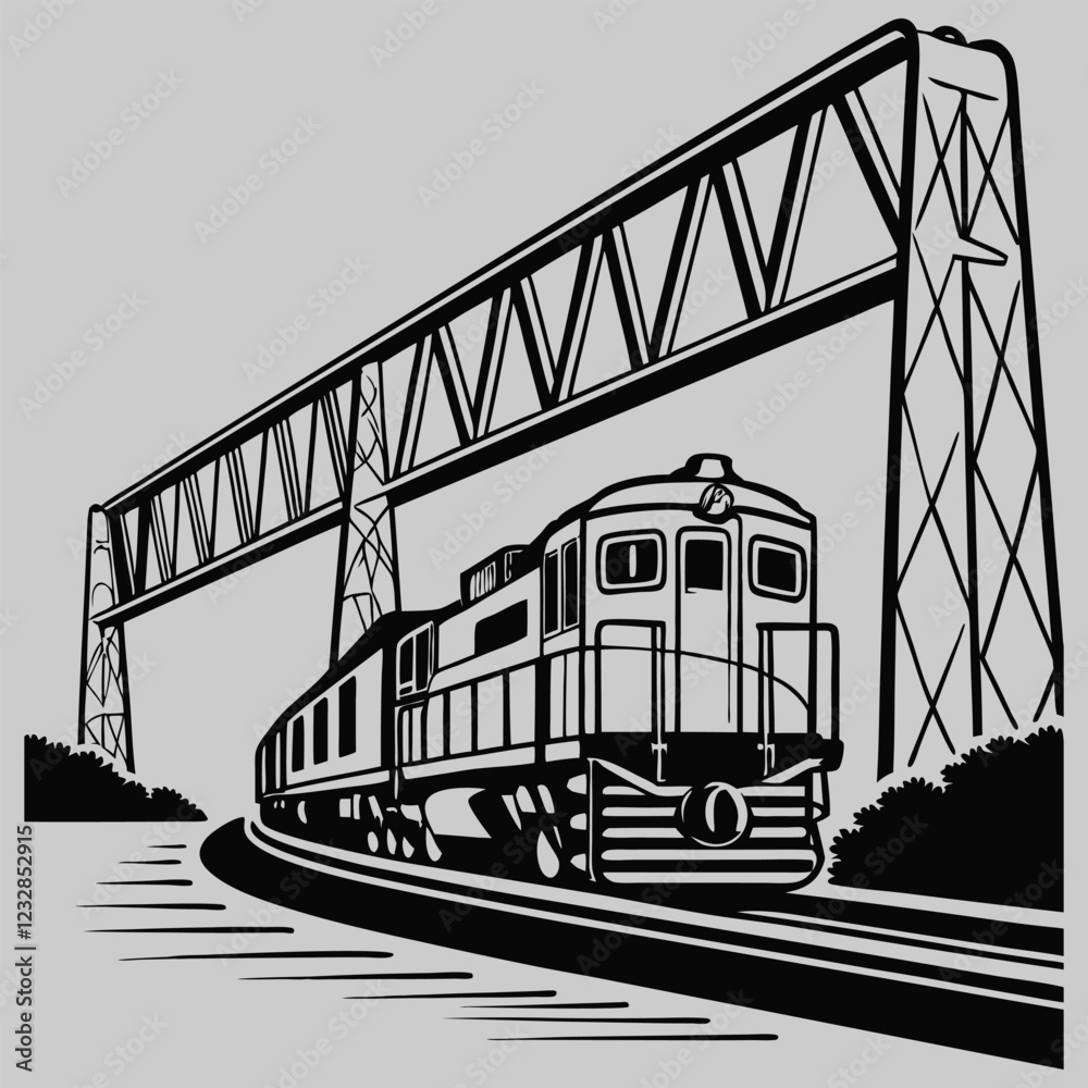 train crossing a bridge silhouette vector design art and illustration