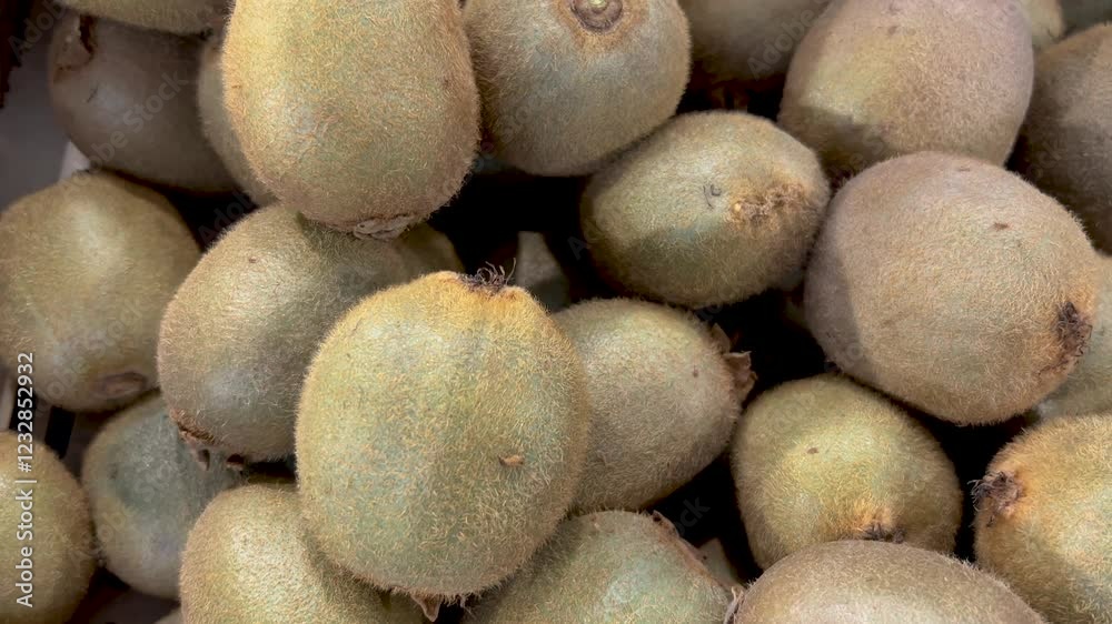 Kiwi fruits arranged as background, tracking shot on kiwi fruit in view from above
