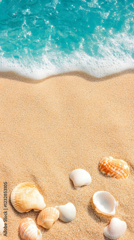 Delicate seashells rest on sunlit sand as gentle waves lap at the shore under a clear sky Delicate seashells rest on sunlit sand as gentle waves lap at the shore under a clear sky