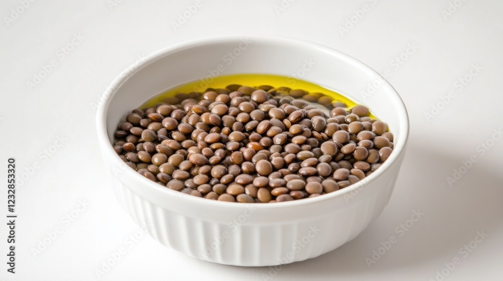 A simple bowl of plain cooked lentils with a light drizzle of olive oil, served in a minimalist white ceramic bowl, Lentils centered A simple bowl of plain cooked lentils with a light drizzle of olive oil, served in a minimalist white ceramic bowl, Lentils centered