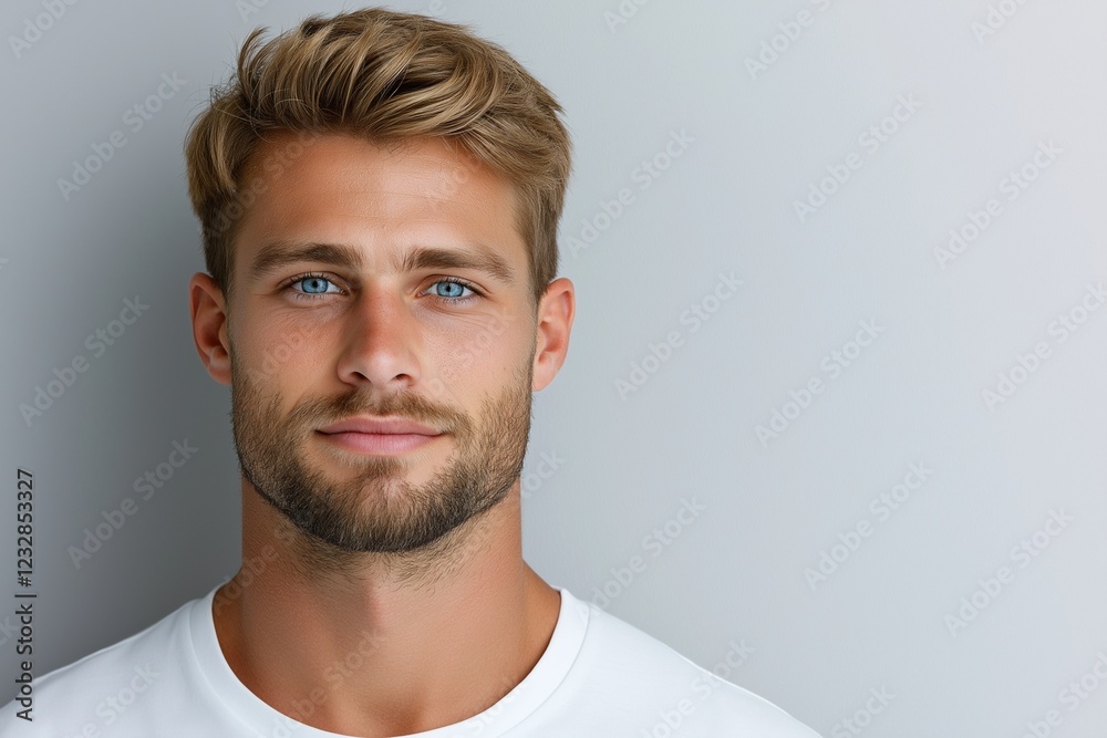 A young man with striking blue eyes and stylish blonde hair stands confidently against a light gray background, exuding charm and charisma. A young man with striking blue eyes and stylish blonde hair stands confidently against a light gray background, exuding charm and charisma.