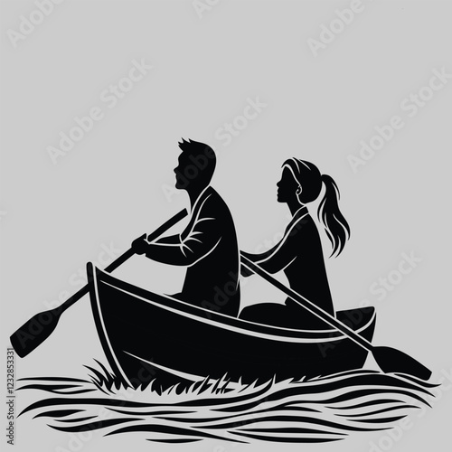 a couple rowing a boat silhouette vector design art and illustration