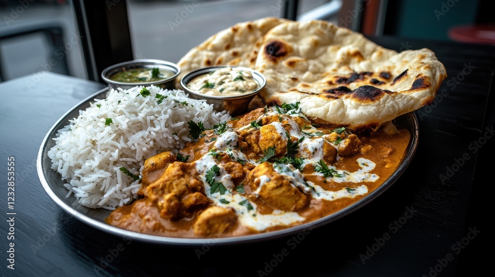 Plate of indian food, specifically chicken tikka masala, with a side of white rice. the plate is silver and is placed on a black table. Plate of indian food, specifically chicken tikka masala, with a side of white rice. the plate is silver and is placed on a black table.