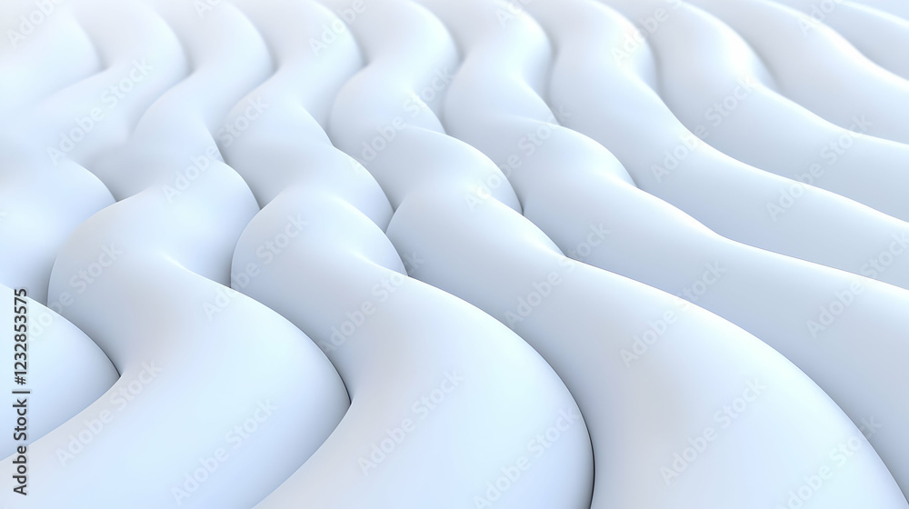 Fototapeta premium Abstract white wavy 3D lines create a smooth undulating pattern with soft studio lighting.