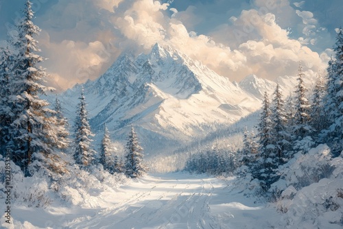 Snowy mountain landscape under a clear blue sky with fluffy clouds and tall e...
