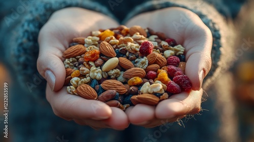 Healthy mix of nuts and dried fruits held in hands against a blurred outdoor ...